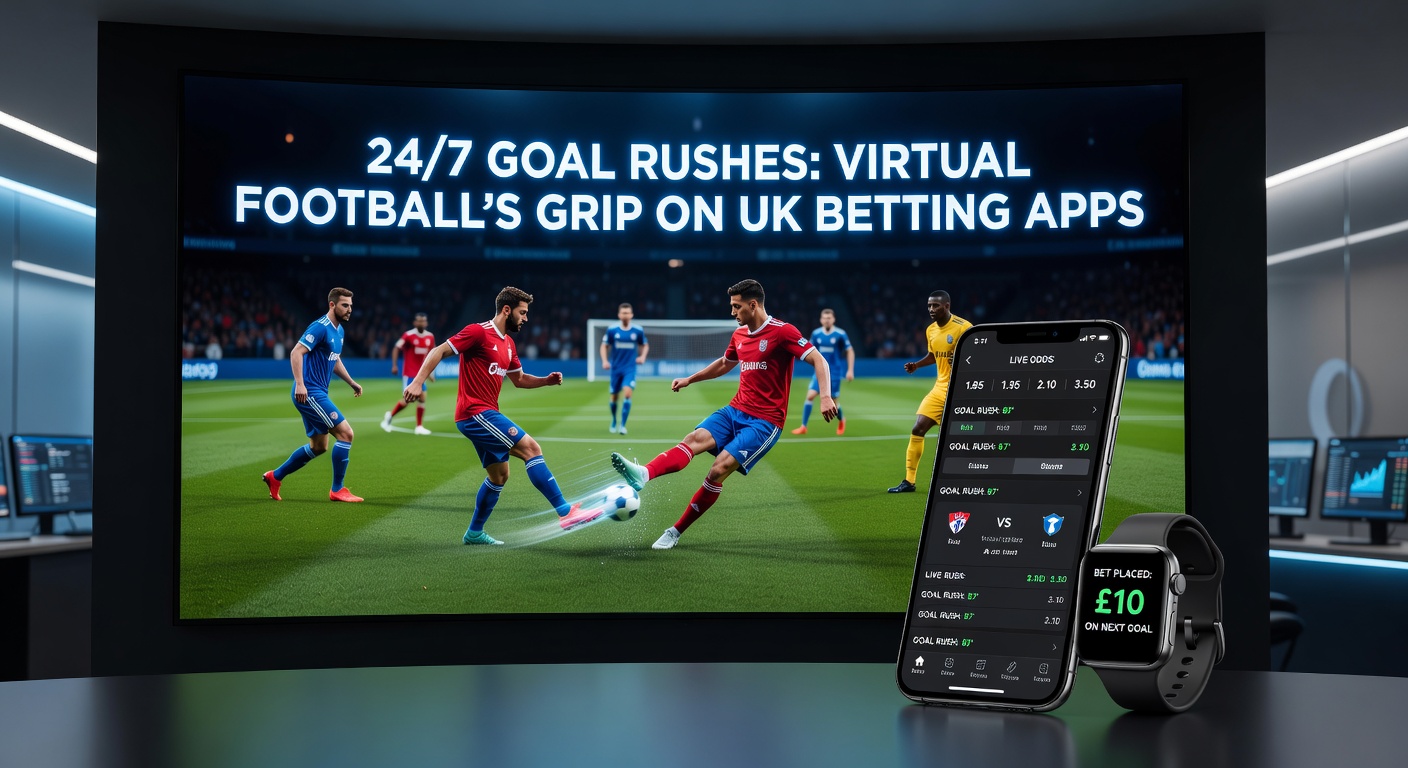 Animated virtual football match on a betting app screen showing goals and live odds updating in real-time