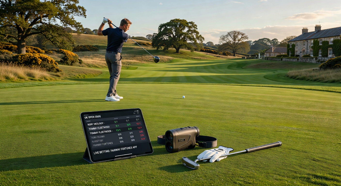 Professional golfer lining up a putt on a lush green, with overlaid betting odds screens showing fractional prices for tournament leaders