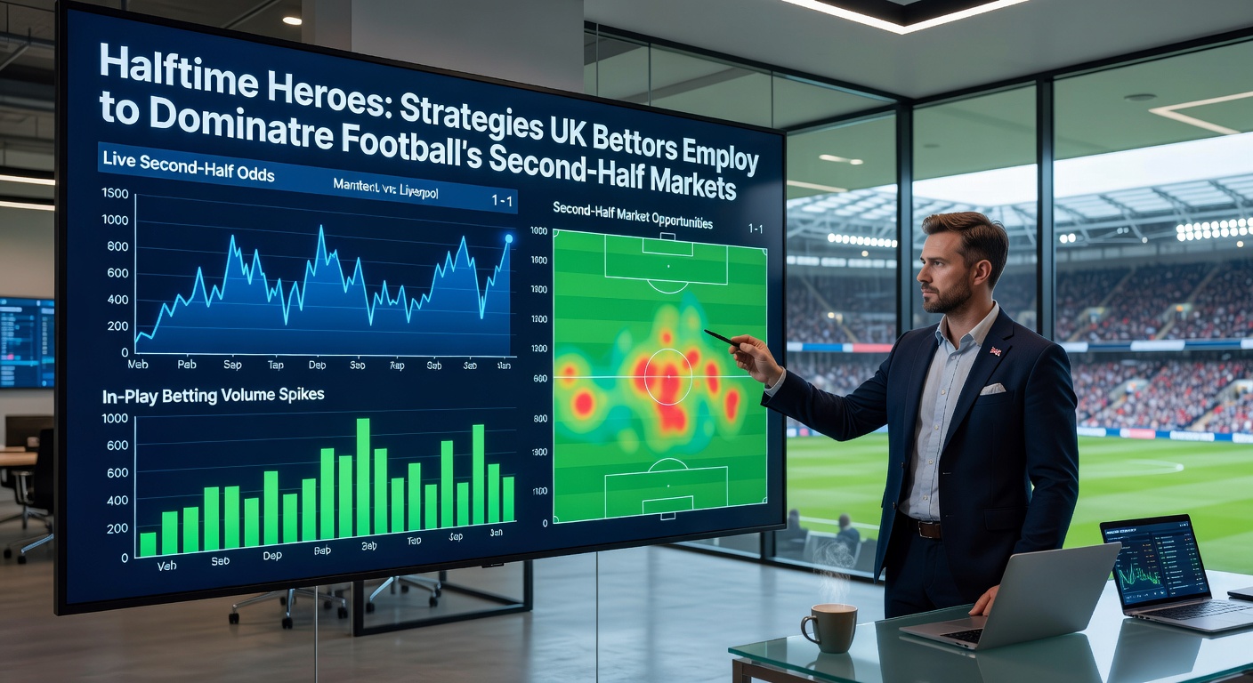 UK football bettors analyzing second-half odds on mobile devices during a live Premier League match