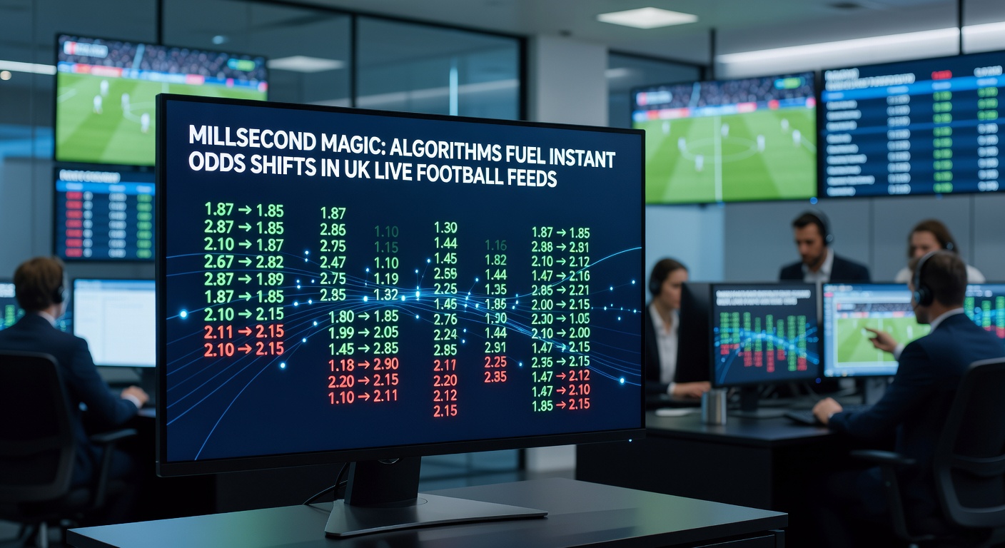 Digital dashboard displaying rapidly shifting live football betting odds with algorithmic graphs overlayed on a Premier League match feed