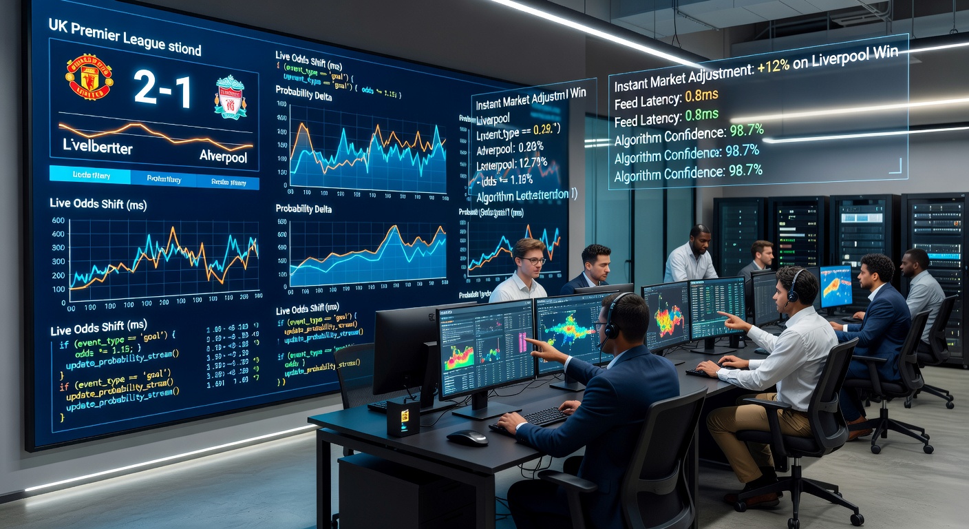 Close-up of a betting app screen showing millisecond odds fluctuations during a live UK football match, with graphs illustrating algorithmic predictions