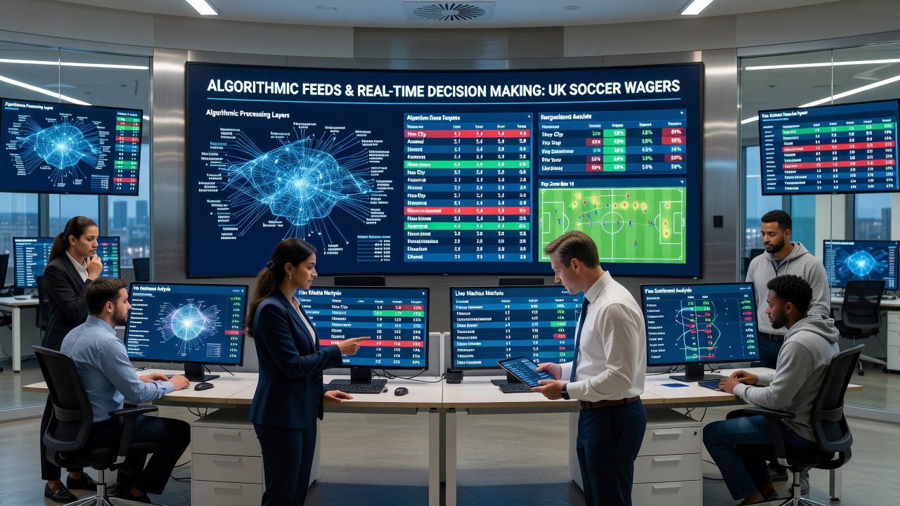 Bettors reviewing algorithmic insights and live metrics on tablets during a UK soccer match