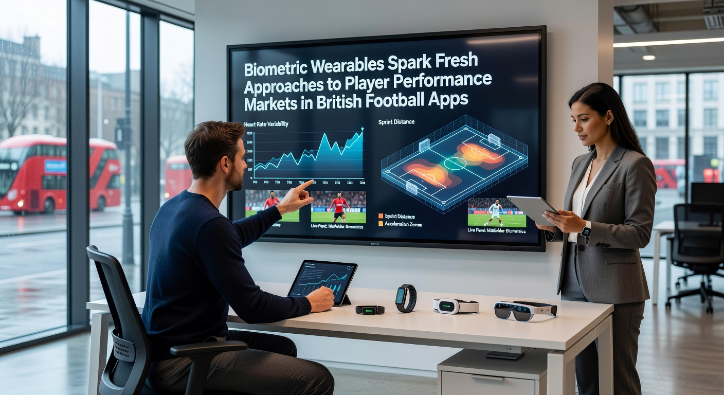 Biometric wearables integrated with football apps showing real-time player data feeds