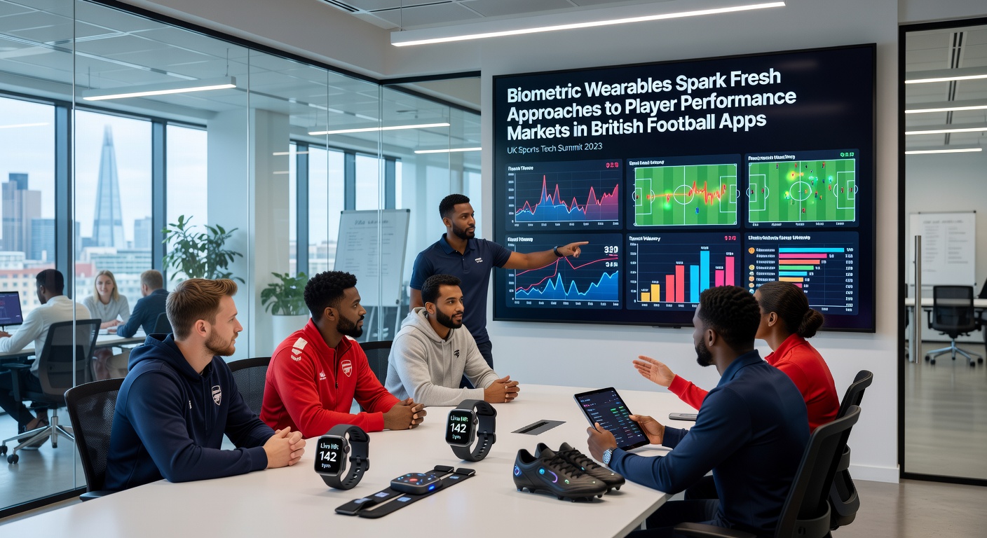 Football players wearing biometric sensors during a match with app interfaces displaying performance metrics