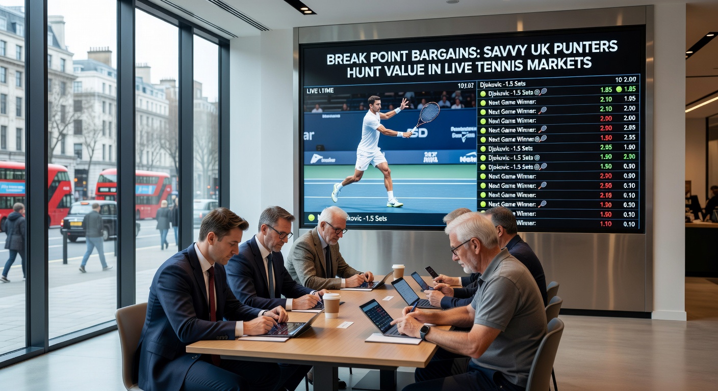 Close-up of a tennis player at break point during a high-stakes live match, with odds overlays visible on a betting app screen