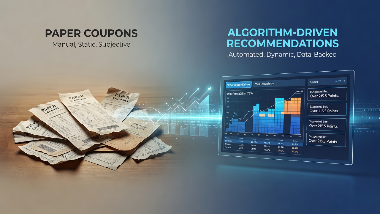Historical paper sports coupons alongside modern digital prediction interfaces showing algorithm outputs