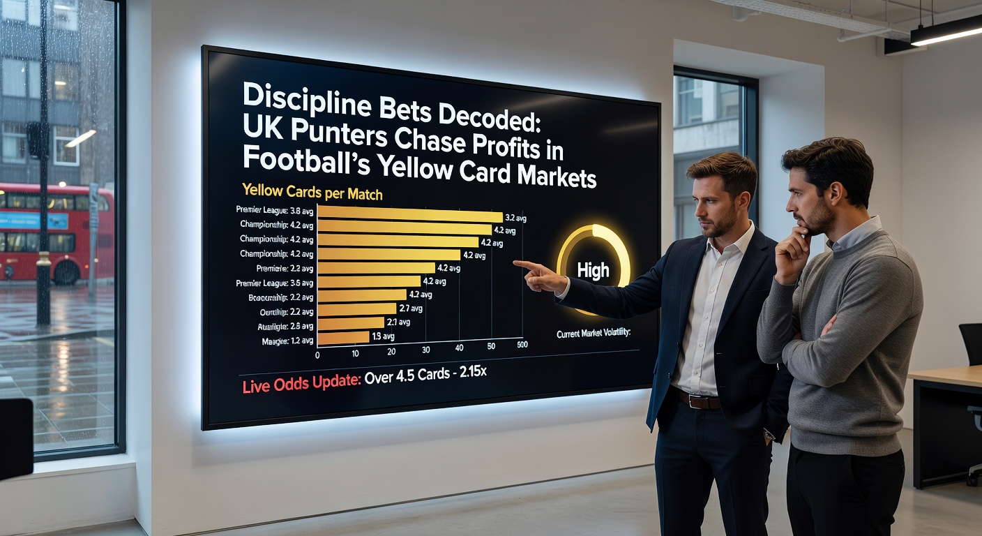 UK bettor reviewing yellow card statistics on a laptop screen amid a lively Premier League stadium backdrop