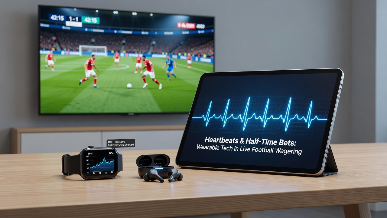 Close-up of a smartwatch displaying heart rate data alongside a live football betting interface on a smartphone screen