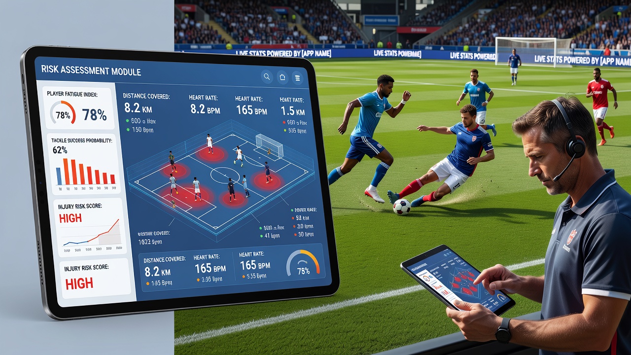 Close-up of a betting app dashboard displaying dynamic risk calculations and live football statistics
