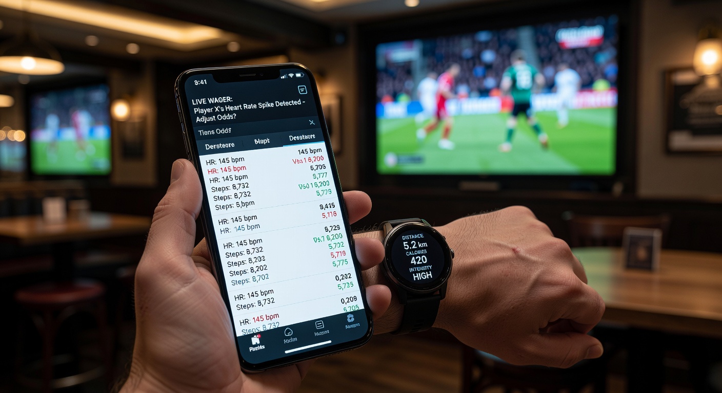 Fitness tracker displaying heart rate and recovery metrics alongside a live football match interface on a smartphone
