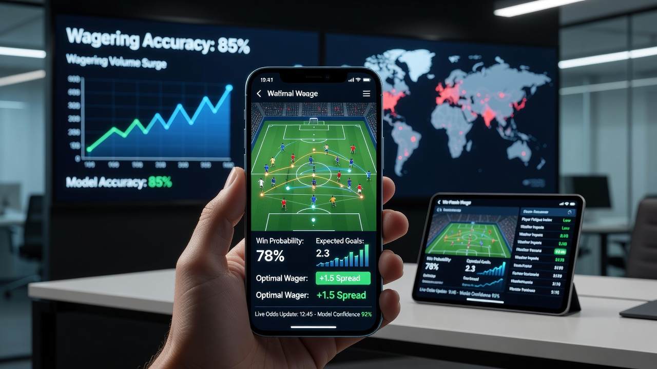 Smartphone screen showing live football match with overlaid predictive betting recommendations