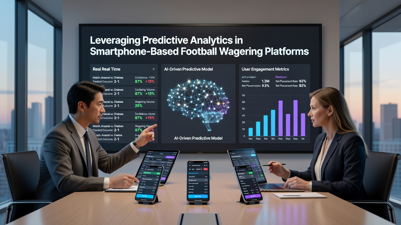 Analytics dashboard on a tablet showing football match predictions, player heat maps, and betting trend graphs