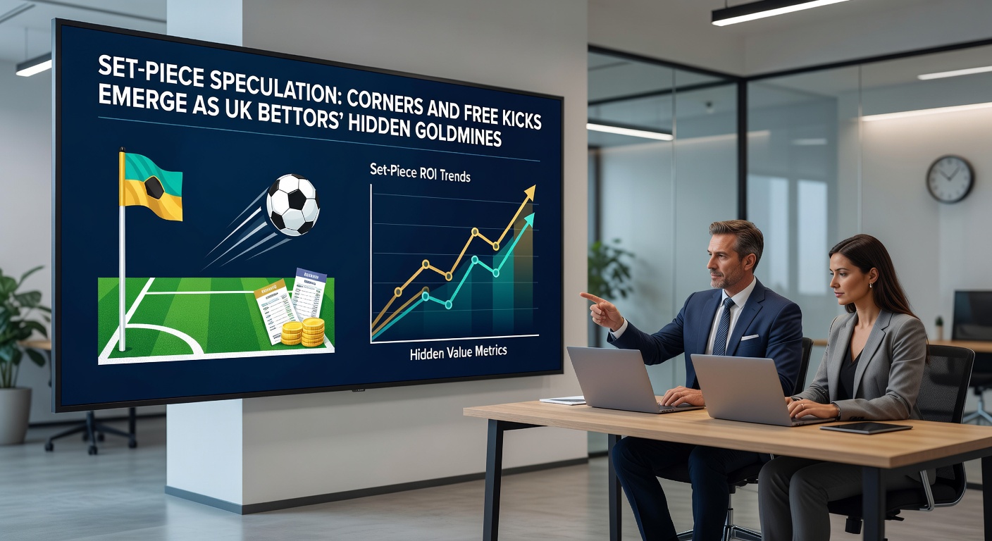 Close-up of a player striking a free kick over the wall, with overlaid graphics showing betting odds for goals and corners from set pieces