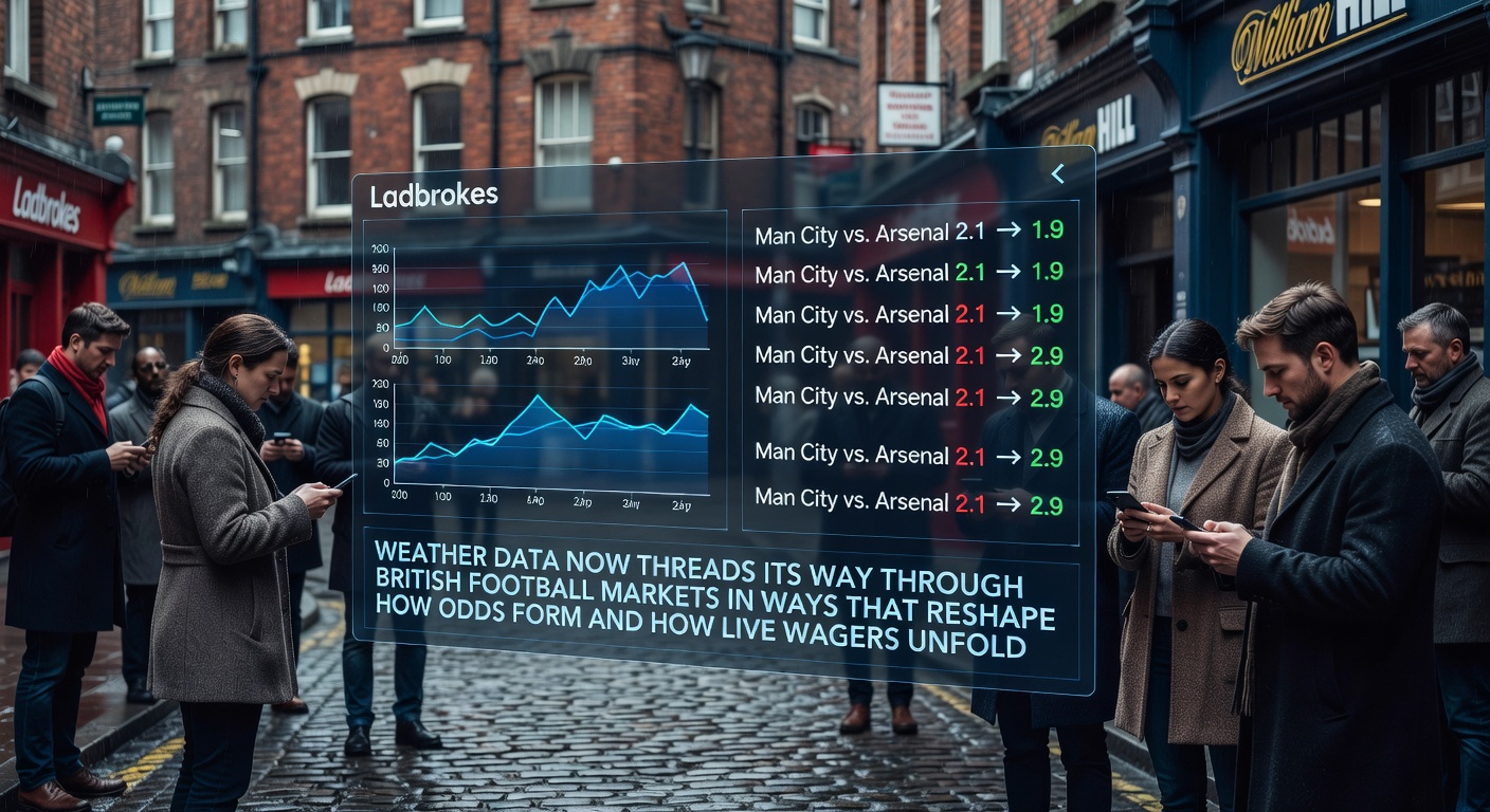 Weather data integration into live football betting platforms showing real-time atmospheric updates on mobile screens