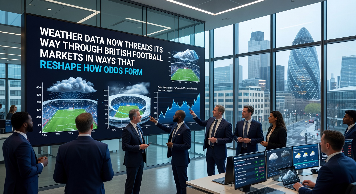 Analysts reviewing weather radar overlays on football pitch models during live betting sessions